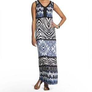 Chico's Blue Black Knit Kit Mixed Printed Maxi Dress 16